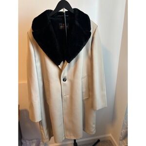 Zero King Mens Beige Corduroy Trench Coat with Black Faux Fur Collar